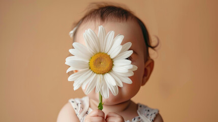 smiling little baby child holding big white daisy flower near face in cute pose isolated on plain background