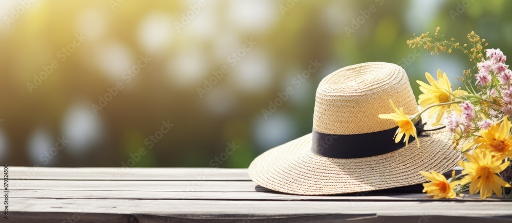 Poster Close up view of summer accessories displayed on a wooden table with copy space image.