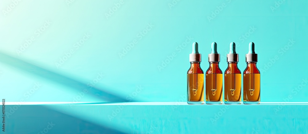 Poster medicine ampules with blue lighting pastel background. with copy space image. place for adding text 