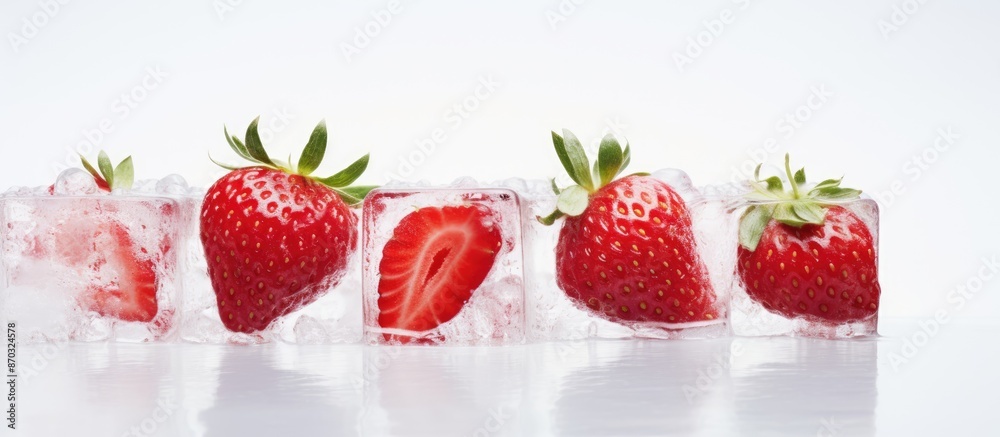 Leinwandbilder strawberry in ice cubes reflected on a white background with copy space image.