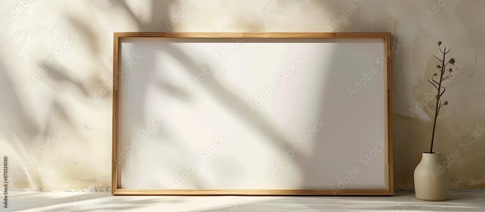 Poster wooden frame with blank sheet of paper on light wall. copy space. mock up concept