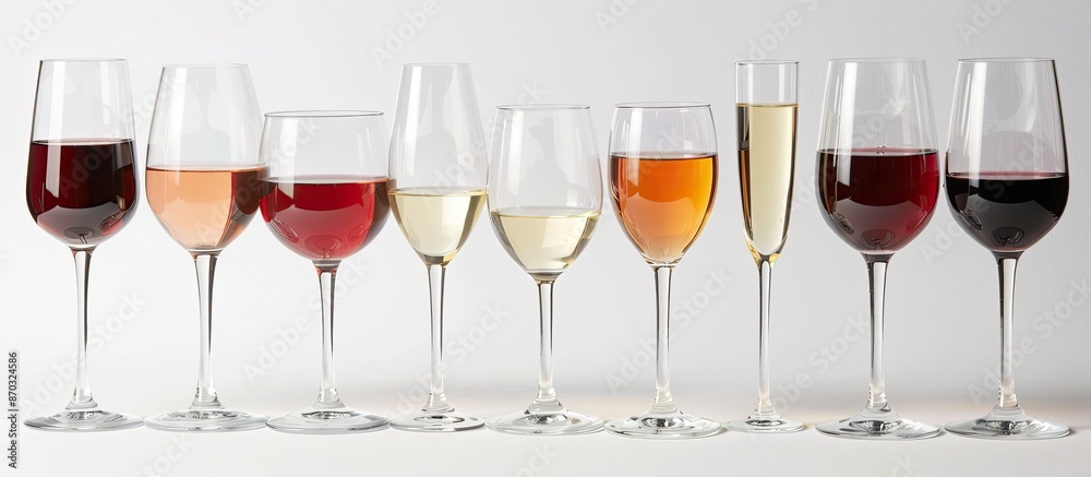 Aufkleber close-up of various wine-filled glasses on a white backdrop with ample copy space image.