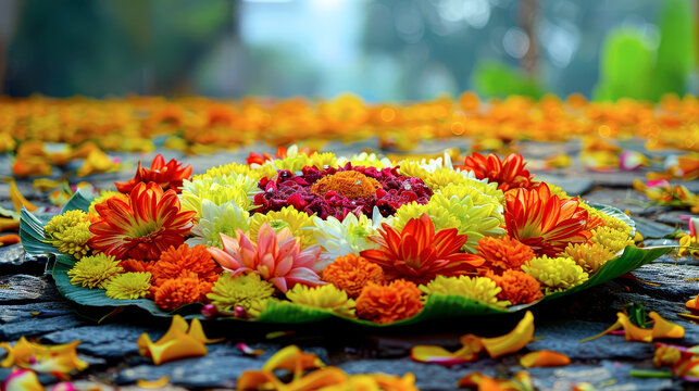 Colorful pookalam or flower rangoli design made using marigold and other flowers