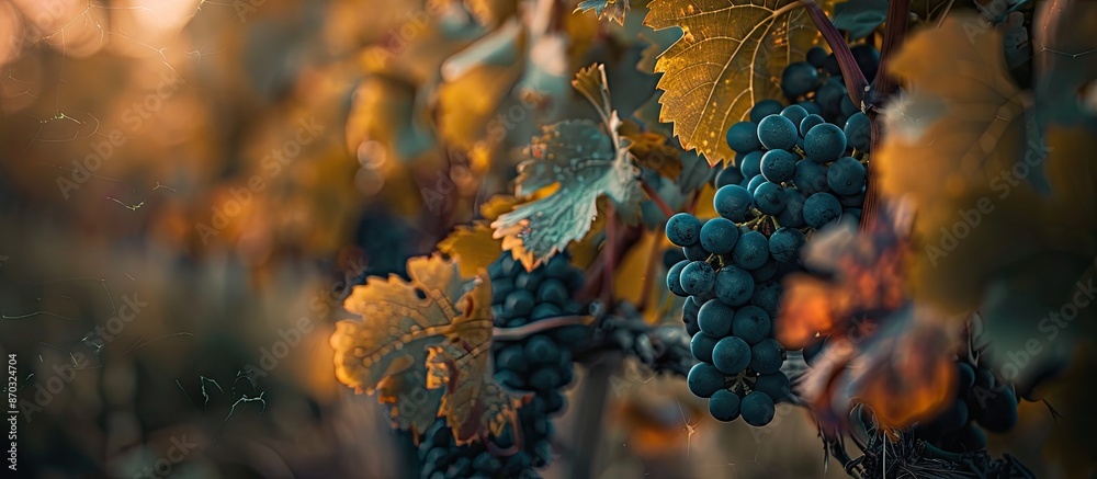 Fototapete Black grapes and vine leaves in a vineyard with a shallow depth of field, creating an artistic composition with copy space image.