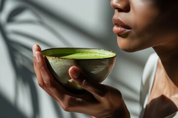Beautiful african american woman holding cup of vibrant green tea matcha on a clean background. Traditional nutrient rich warming drink. Slow living, enjoying a break, perfect morning, relaxing