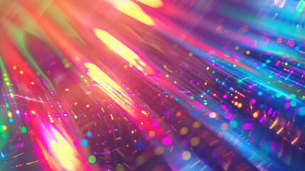 A vibrant holographic pattern featuring a multitude of bright colors and shimmering lights, creating an abstract and captivating visual effect