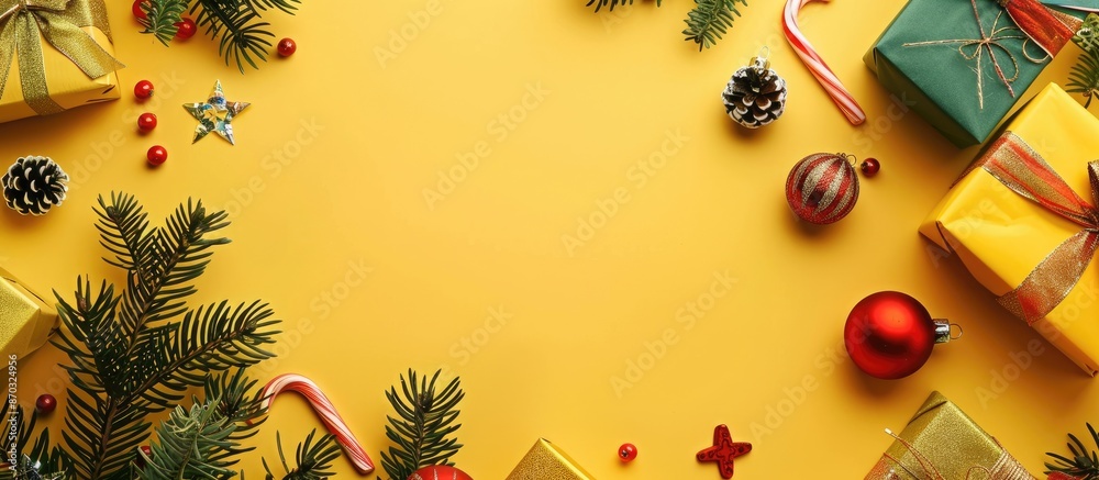 Poster christmas decorations and presents on a blank card set against a yellow background, ideal for adding