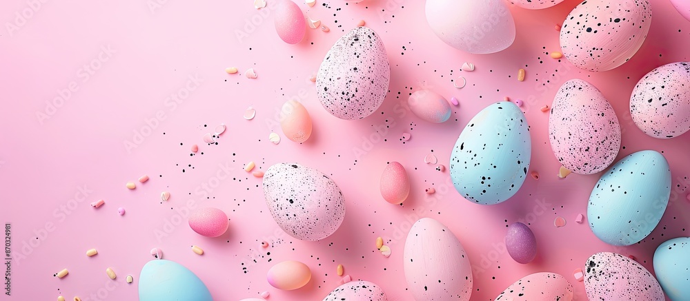 Aufkleber easter-themed banner featuring pastel pink background adorned with colored easter eggs. ideal for in