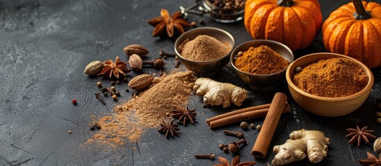 Essential spices for pumpkin spice include cinnamon, nutmeg, allspice, clove, and ginger with copy space image.