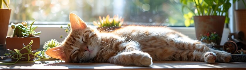 Sleepy Kitty Napping Peacefully in Sunlit Window with Decor