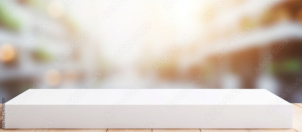 Poster empty white table with blur background for product display banner, retail store mockup, copy space i