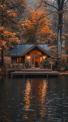 Fototapeta premium A cozy cabin by the lake surrounded by autumn foliage, with warm lights reflecting on the water creating a serene and peaceful atmosphere.