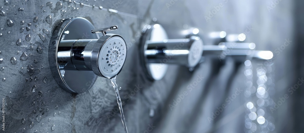 Poster have drops water on the shower valve handle isolated on glass wall in bathroom. stainless steel fauc