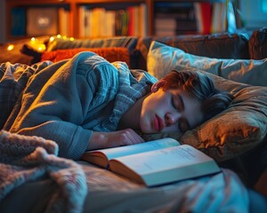 Obraz premium Teenage Student Falling Asleep On Couch After Late Night Studying