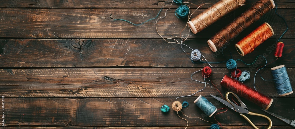 Poster Flat lay composition with threads and crafting accessories on wooden table, space for text. Engaging hobby. Copy space image. Place for adding text or design