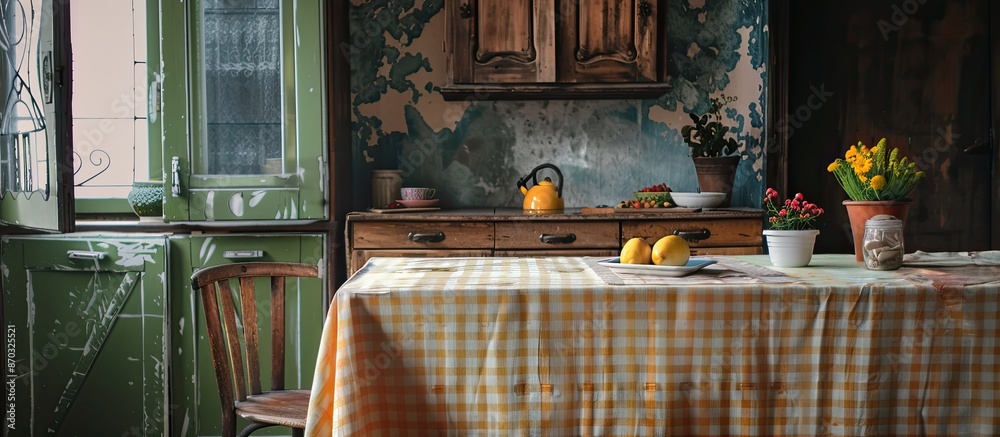 Aufkleber kitchen place and tablecloth and kitchen desk . with copy space image. place for adding text or desi
