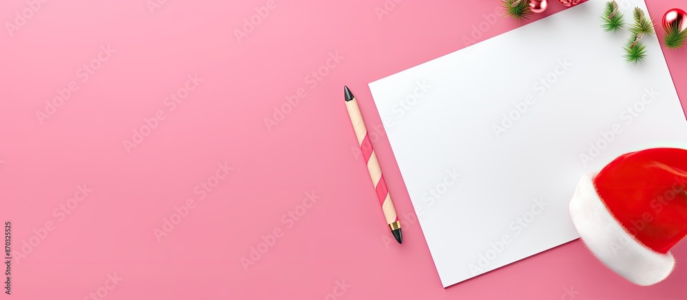 Poster festive holiday banner featuring a notepad and santa claus hat on a pink background for new year or 