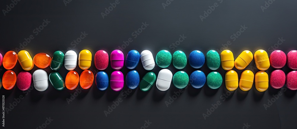 Poster colorful pills arranged in a closeup on a gray surface, with ample copy space image.