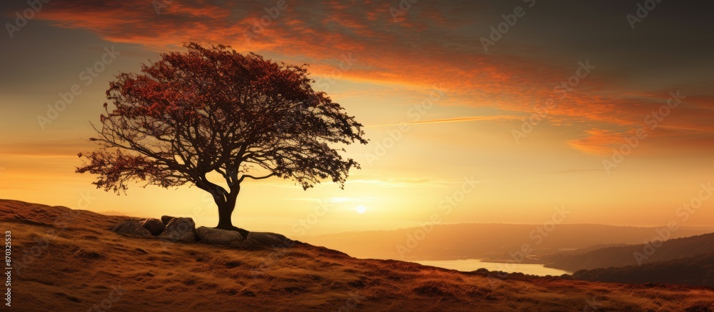 Poster Sunset scene on a hillside with a tree, providing ample copy space image.