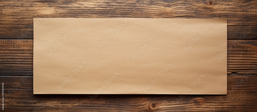 Poster View from above of plain brown paper on a wooden surface with available copy space for adding text or images in a flat lay composition.