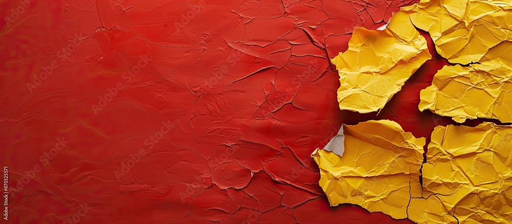 Poster a symbolic message promoting healthy living displayed on torn yellow paper against a red background,