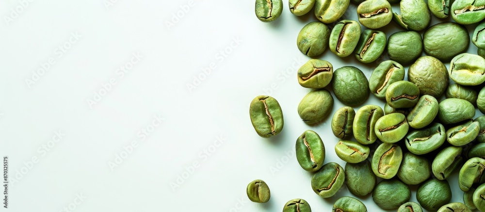 Poster detailed close-up of unroasted green coffee beans on a white background for wallpaper or design with