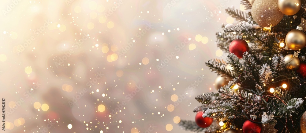 Fototapete Decorated Christmas tree on blurred, sparkling background. with copy space image. Place for adding text or design