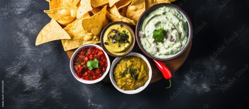 Poster Top-down view of Mexican nachos with dips like guacamole and sour cream on a stone surface with room for a copy space image.