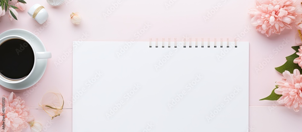Poster flat lay top view of a white desk adorned with a laptop, a blank notepad, a flower, a coffee cup, an