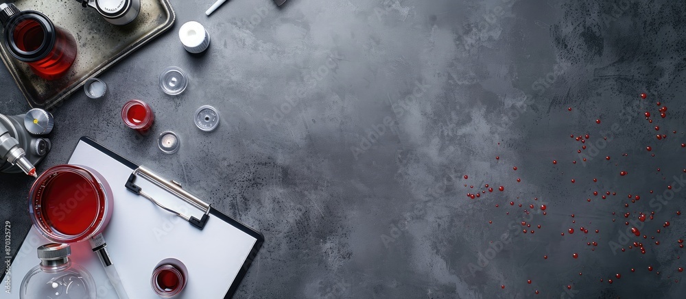 Poster top view of a grey table with a blood sample under a microscope for medical research, featuring copy