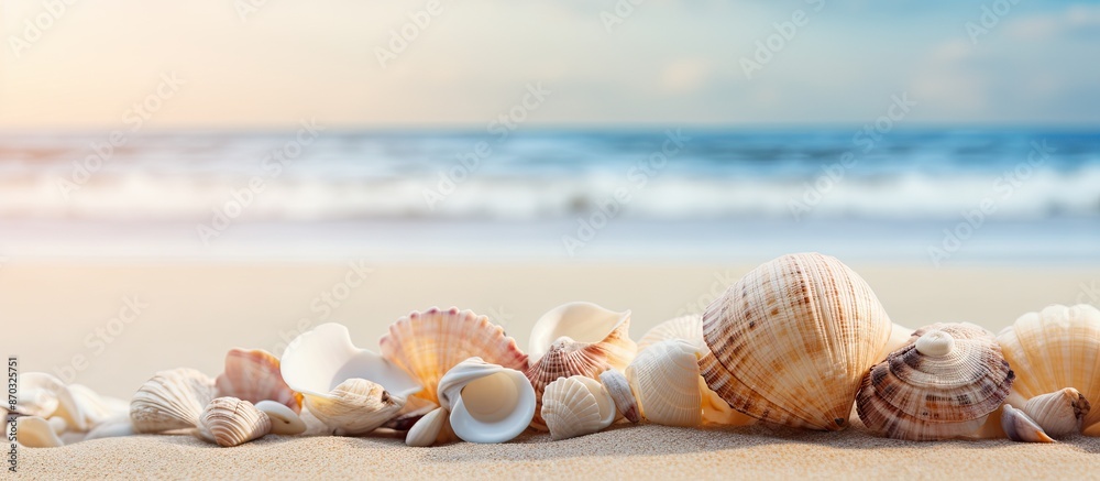 Poster Close-up of shells on the sandy beach with copy space image.