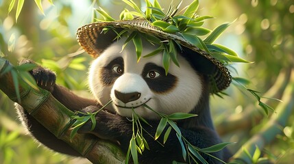 Fototapeta premium Giant panda wearing a bamboo hat resting in a tree eating bamboo shoots.