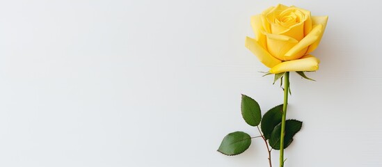 Yellow rose displayed against a simple white backdrop with copy space image.