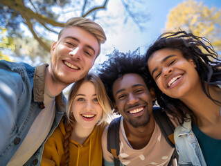 Obraz premium Multicultural students taking selfies on college campus. Happy lifestyle concept. Happy group of friends having fun together outside of school, back to school.