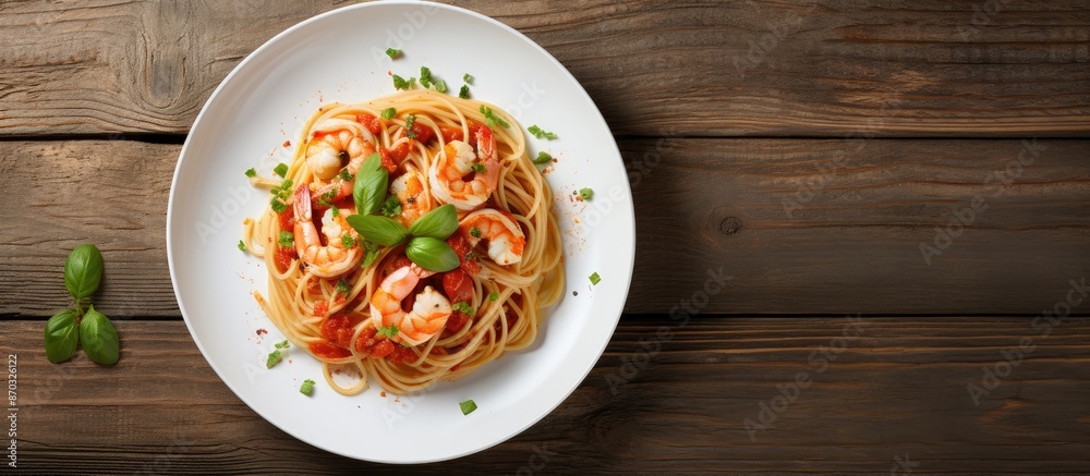 Poster top-down view of tasty shrimp and herb spaghetti on a white plate over a rustic wooden surface, with