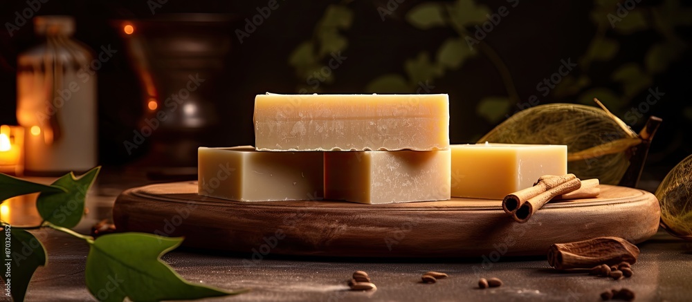Poster low light ambiance highlights handmade vegan soap in image with blank copy space for added appeal.