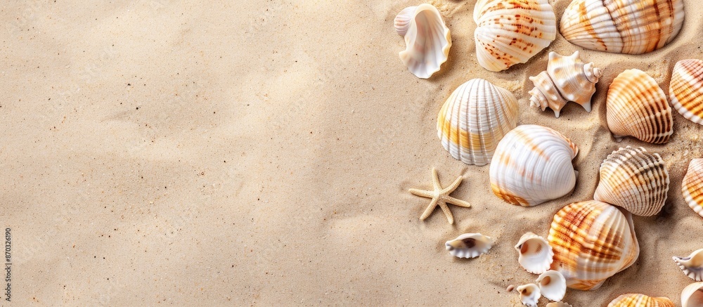 Poster seashells scattered on sandy beach with ample copy space image ideal for a summer holiday backdrop.