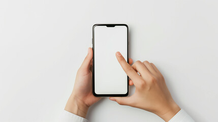 hand holding and pointing mock up mobile phone, isolated on white background