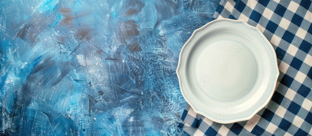 Poster top-down view of a table setting background featuring a light plate placed on a blue stone table wit