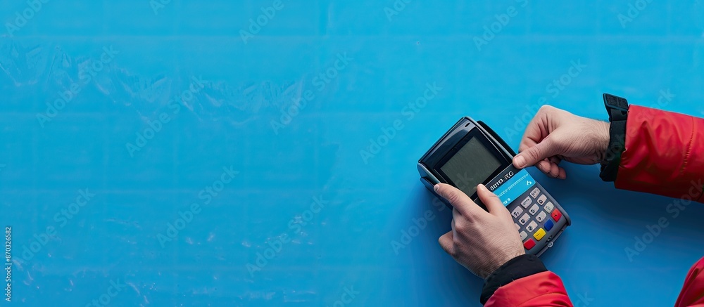 Aufkleber man making a payment with a credit card on a terminal. wide shot against a blue backdrop, featuring 