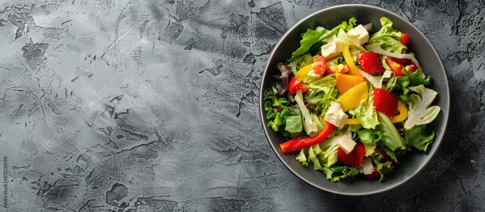 Fototapete flat lay image of a delectable salad featuring chinese cabbage, suluguni cheese, and bell pepper on 