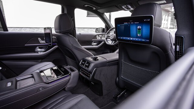 Novosibirsk, Russia -  June 01, 2024: Mercedes-Benz GLS, monitor for watching tv back seat