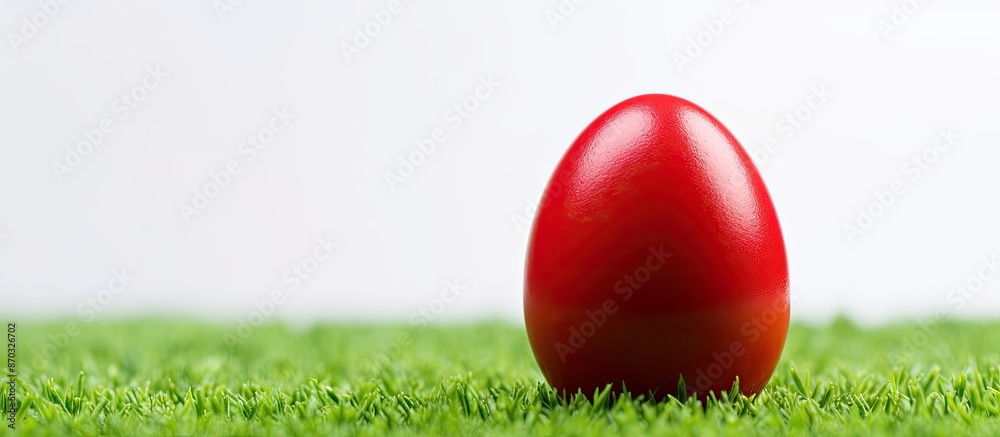 Aufkleber A red Easter egg is placed on vibrant green artificial grass against a white background with room for text or an image. with copy space image. Place for adding text or design
