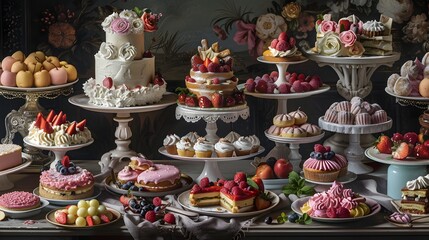 a table topped with lots of different types of cakes and desserts on top of plates and serving trays