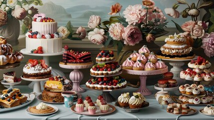 a table topped with lots of different types of cakes and desserts on top of plates and serving trays