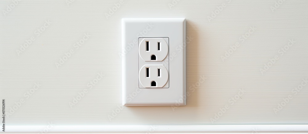 Poster an isolated electrical socket on a gray wall with a white wire plug plugged in, providing power in t
