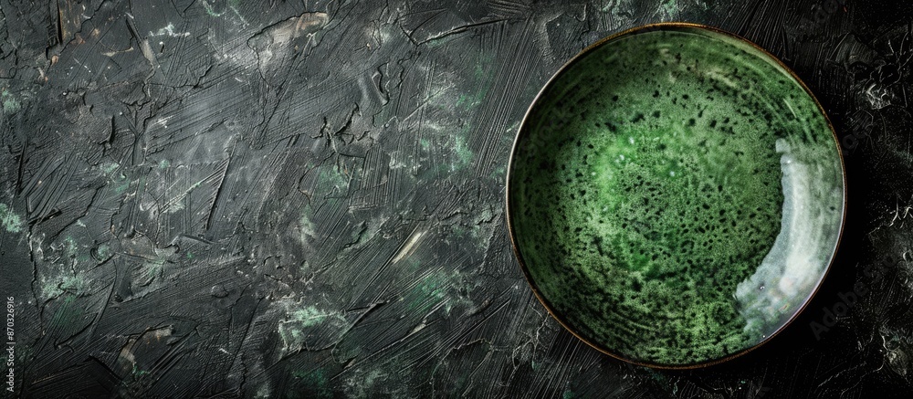Aufkleber a rustic green plate sits on a dark rough table, seen from above, with a copy space image for variou