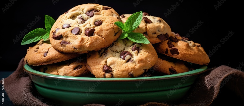 Leinwandbilder Top view of a tempting stack of chocolate chip cookies in a green bowl on a black surface with ample copy space image.