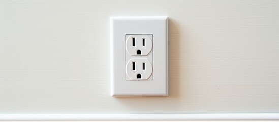 An isolated electrical socket on a gray wall with a white wire plug plugged in, providing power in the renovated studio apartment background, with a double white plastic power outlet offering empty
