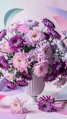 Creative composition made of bouquet of chrysanthemum flowers in a vase on pastel background